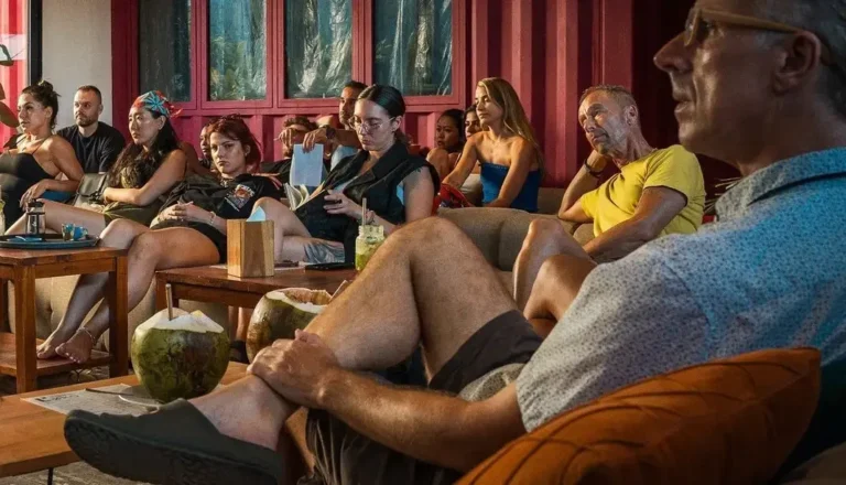 A group of people seated in a room, attentively listening to a man speaking at the front.